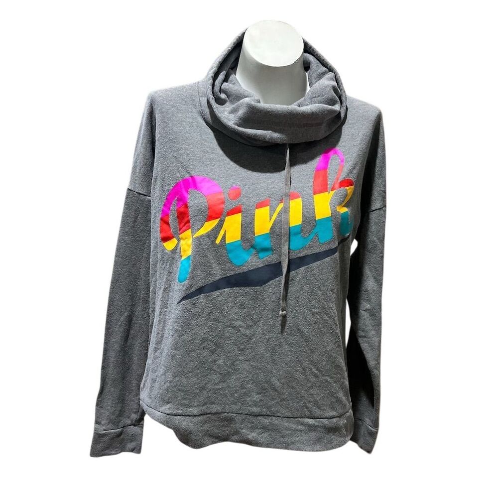 Victoria's Secret PINK Women's M Gray Cowl Neck Hoodie Rainbow Logo - Picture 5 of 10